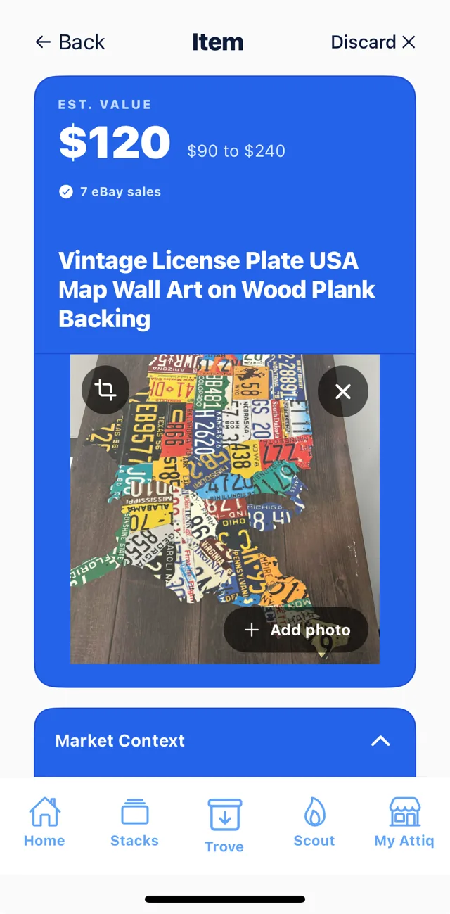 Scan result: vintage license plate wall art valued at 120 dollars