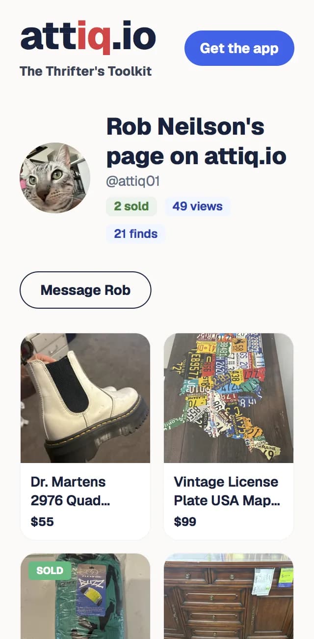 A seller's public attiq.io page with their items and values