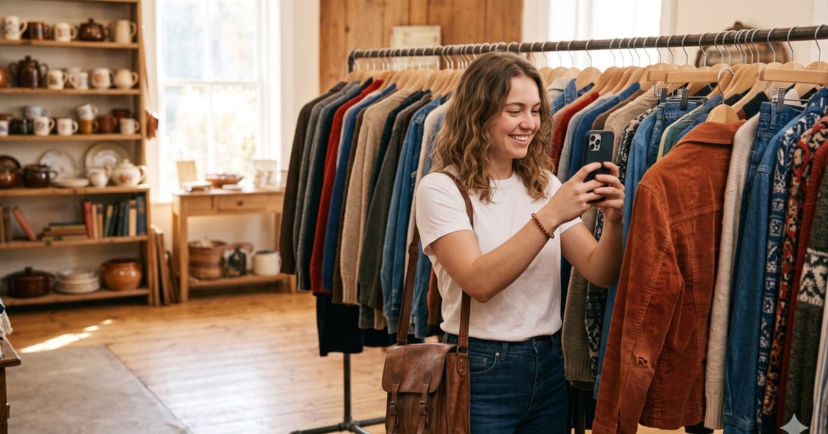 A creator scanning a rack of thrifted clothing with attiq.io